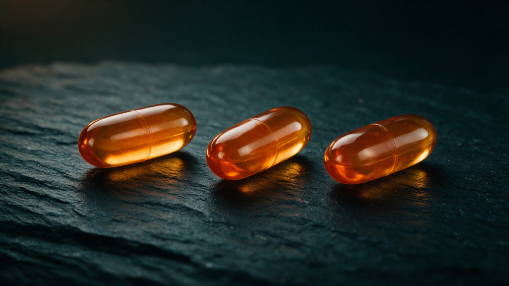 Three amber softgel supplement capsules in close-up macro on dark slate, warm glow fading into teal-black background