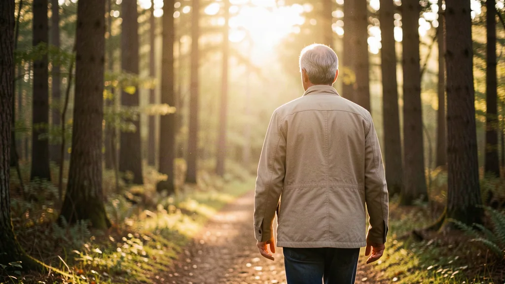 Walking a quiet forest trail toward golden light