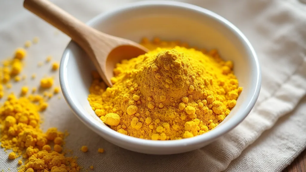 Bright yellow berberine powder in a white ceramic dish with a bamboo spoon