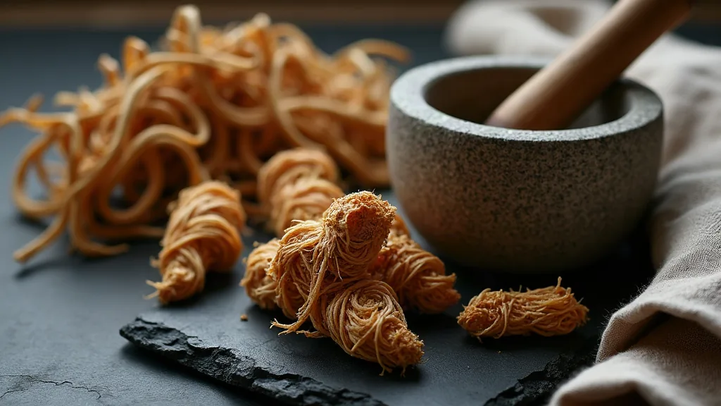 Dried golden-yellow berberine root in a stone mortar with a wooden pestle