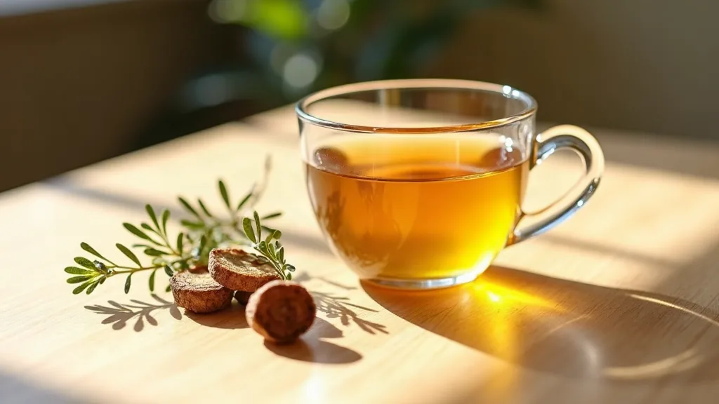 Glass cup of golden-yellow herbal infusion with dried root slices on a wooden table