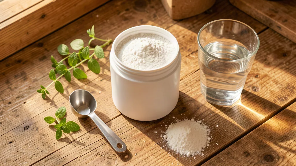Creatine monohydrate powder in a white tub with a scoop and a glass of water