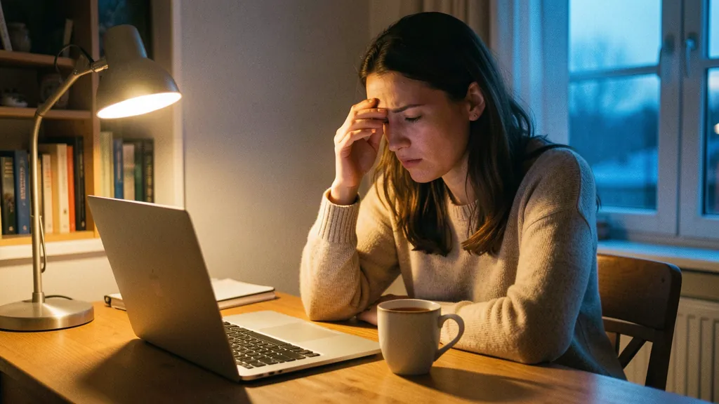Tired person working at a desk in the evening