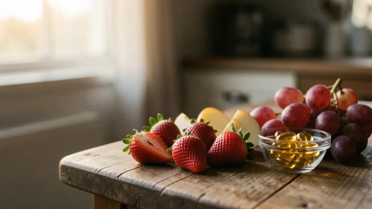 Fresh strawberries, apple and red grapes on a rustic table beside a small dish of golden capsules in warm window light