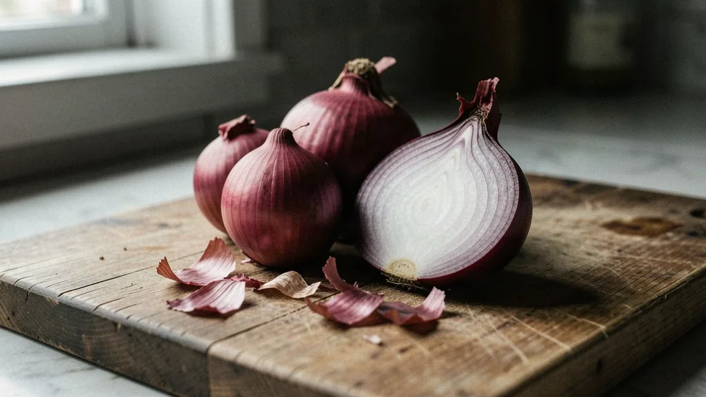 Dry papery red onion skins and a halved red onion on a worn wooden board in soft window light