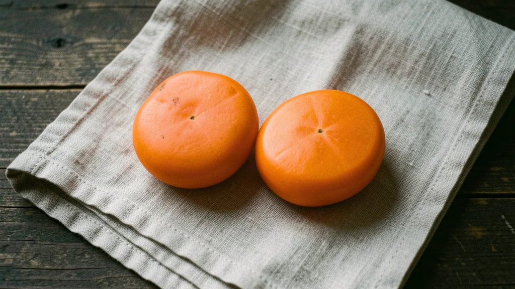 Two ripe persimmons resting on coarse linen over dark aged wood