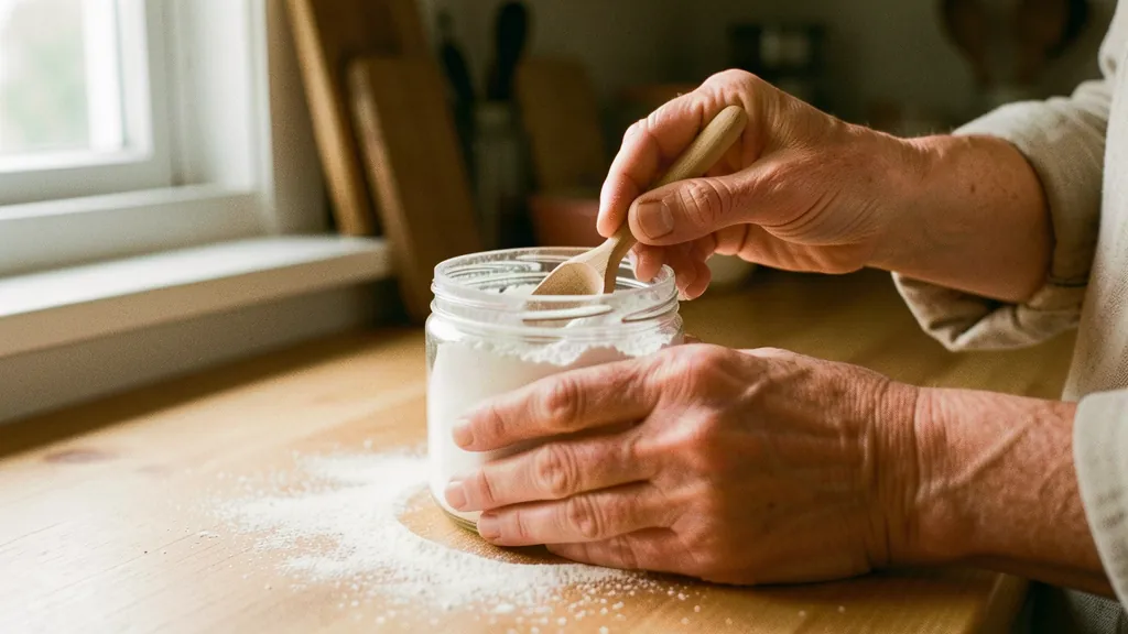 Person scooping creatine powder from a jar in a kitchen