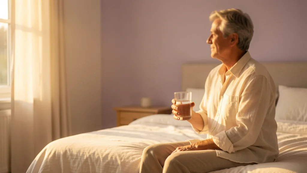 Man in a sunlit bedroom holding a glass of water, quiet morning light