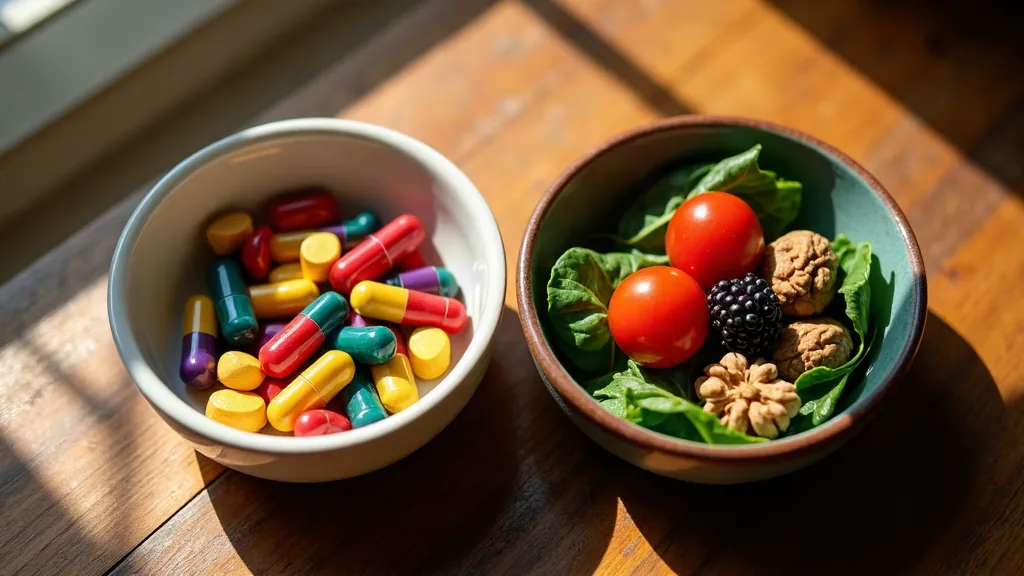 Two bowls side by side, one with supplement capsules and one with fresh whole foods