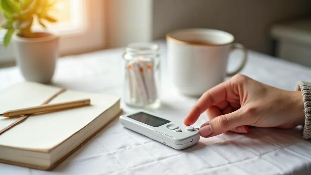 Close-up of a blood-glucose meter with test strips on a linen kitchen counter
