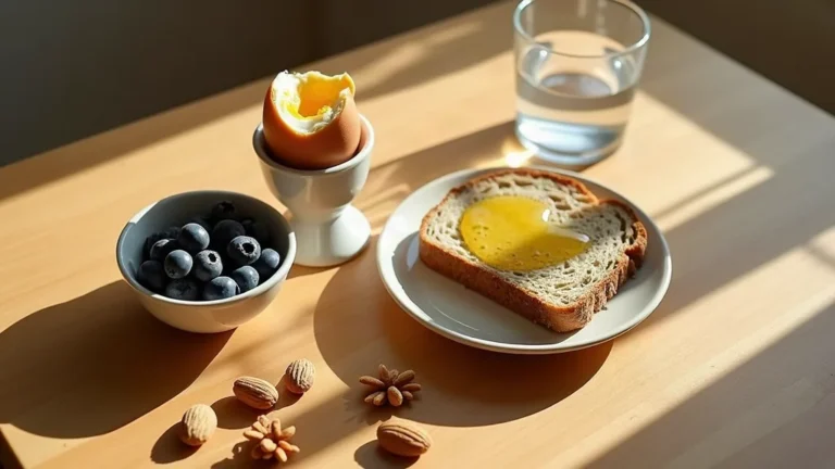 Overhead healthy breakfast still-life with blueberries, soft-boiled egg, wholegrain toast and nuts in warm morning light
