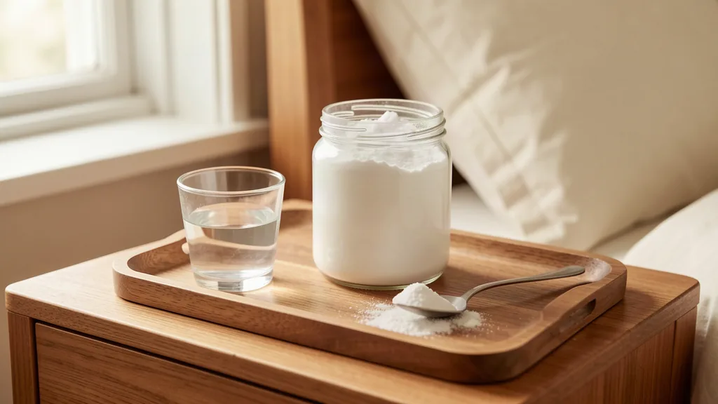 Plain jar of magnesium powder with water and spoon on a bedside table