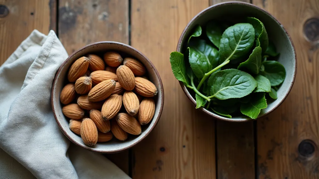 Two ceramic bowls of raw almonds and dark leafy greens on a rustic wooden table