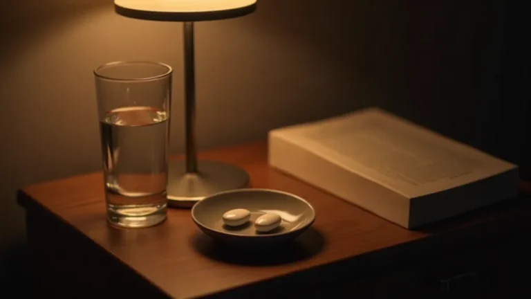 Bedside table at night with a glass of water, a small dish holding two tablets and a closed book under warm lamp light
