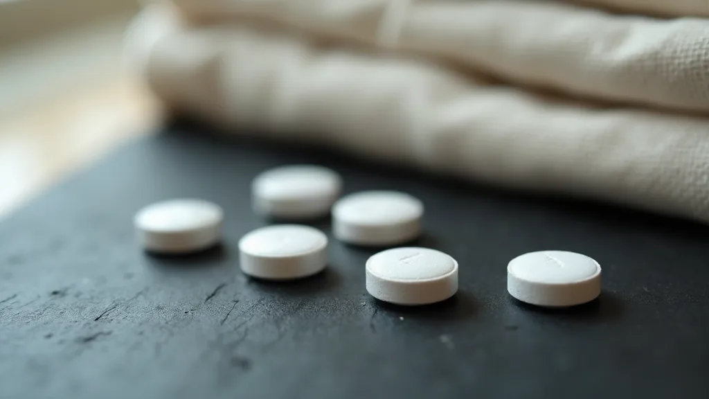 Plain white magnesium glycinate tablets lying separately on a dark slate surface beside a folded linen cloth