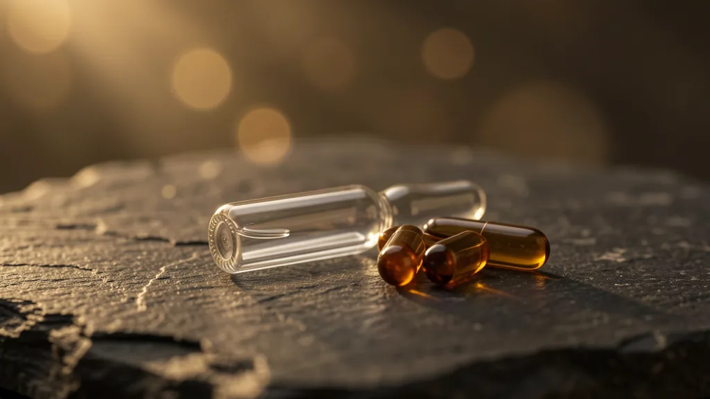 Glass ampoule and amber capsules on dark stone in warm light