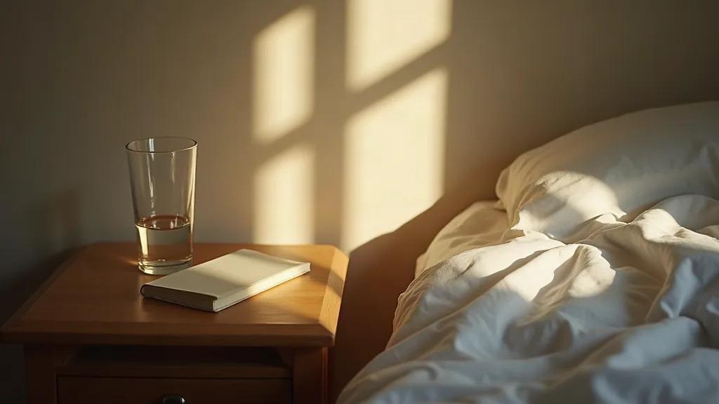 Glass of water and a closed book on a bedside table beside rumpled white linen at dawn