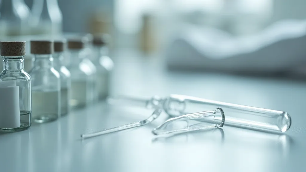 Rack of small clear glass laboratory vials and pipettes on a white lab bench