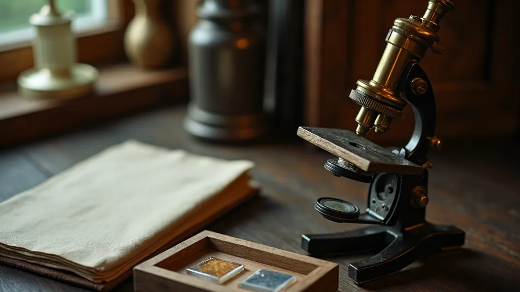 Vintage brass microscope on a wooden desk with glass microscope slides in warm window light