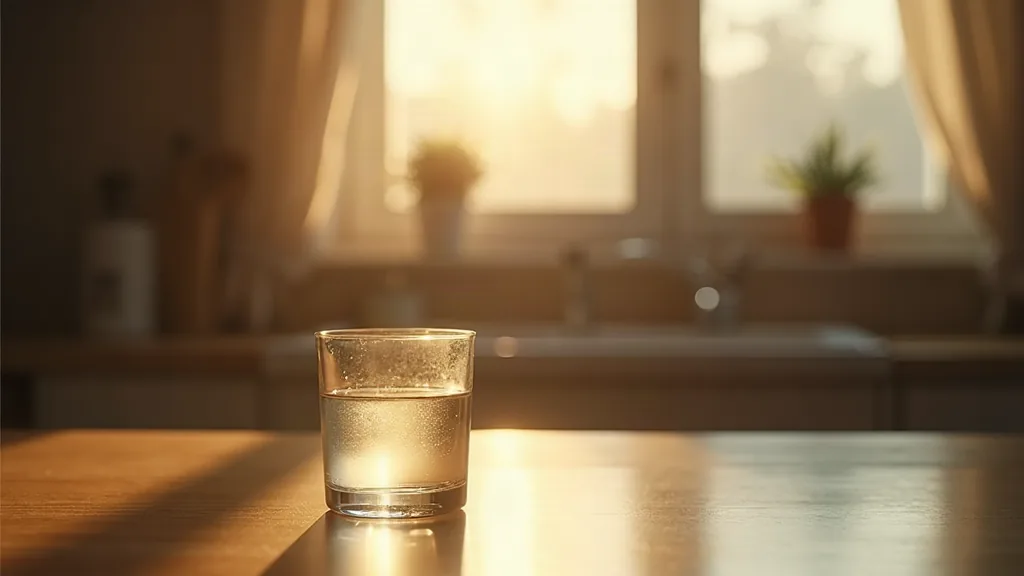 A quiet kitchen counter at dawn with a glass of water in warm morning light
