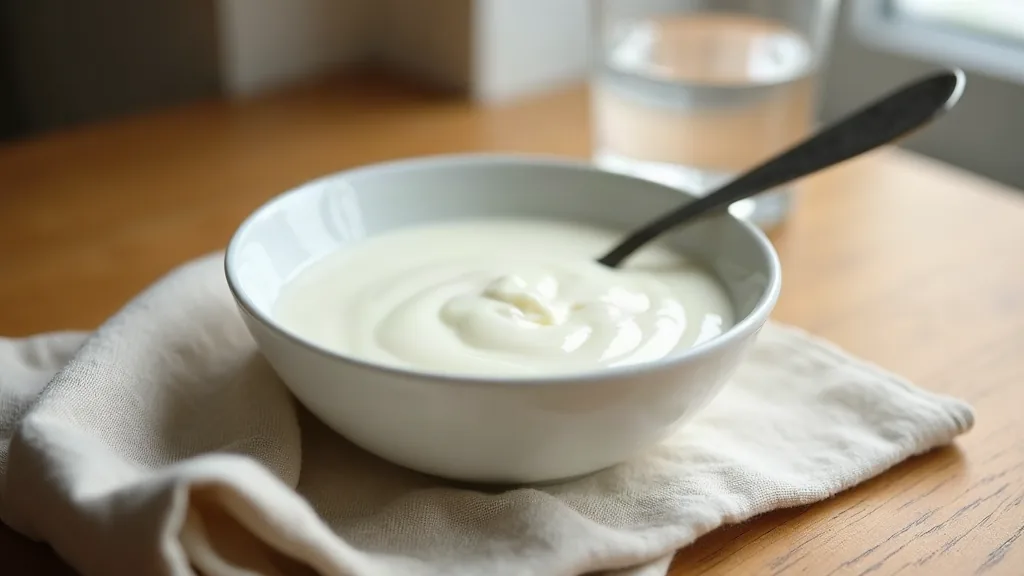 A white ceramic bowl of plain yogurt with a spoon on a linen cloth in morning light