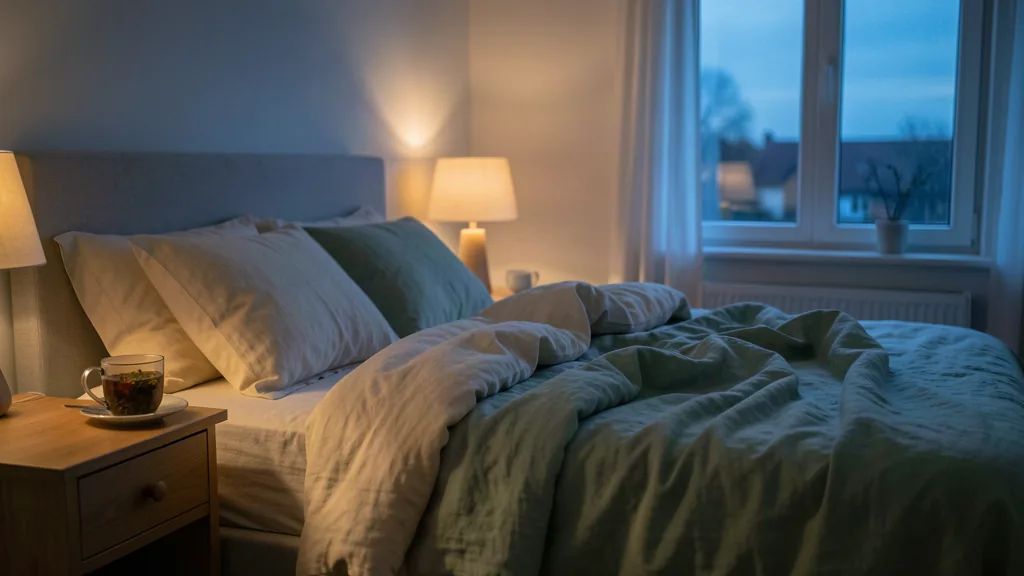 Calm rumpled bedroom at dusk with warm lamp, tea and blue window light