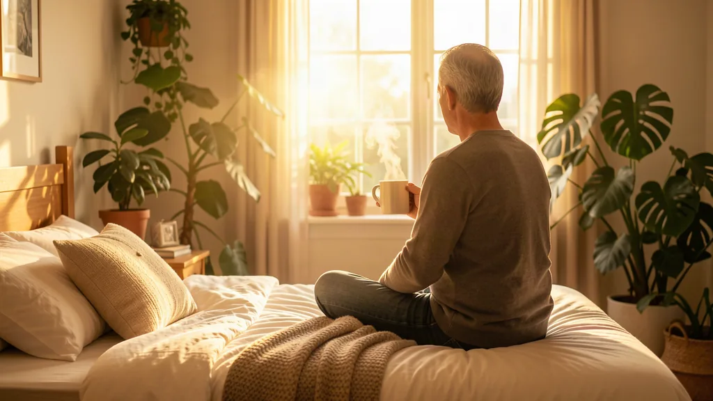 Middle-aged man sitting on his bed in morning light by a bright window