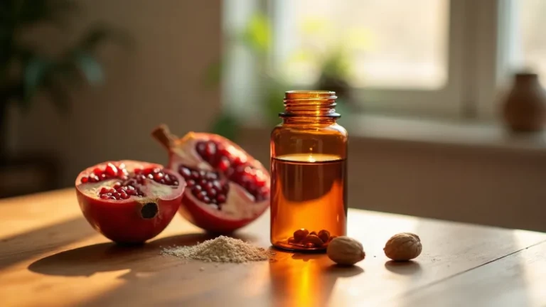 Amber supplement jar with pomegranate and walnuts on a warm wooden kitchen table