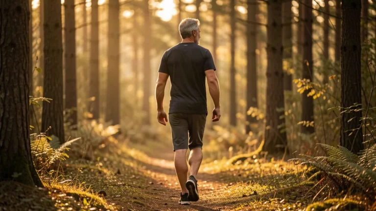 Fit man in his late 50s walking a forest path in golden-hour light, viewed from behind