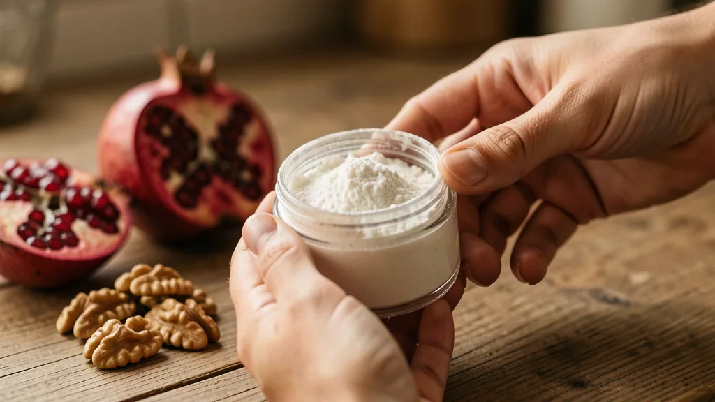 Hands holding an open jar of supplement powder with pomegranate and walnuts