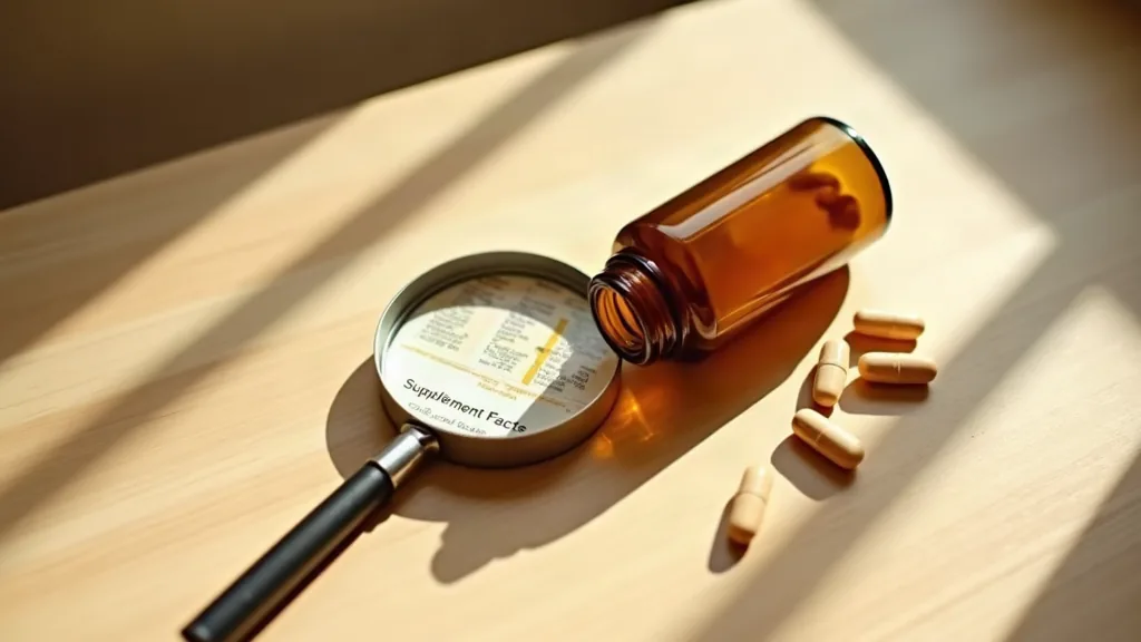 Magnifying glass over an amber supplement bottle on a light wooden table