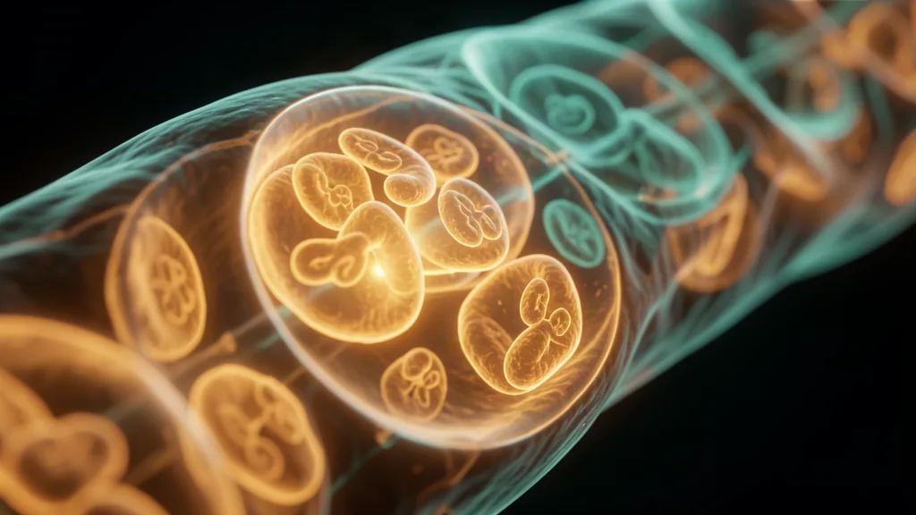 Scientific visualization of mitochondria glowing inside a muscle cell