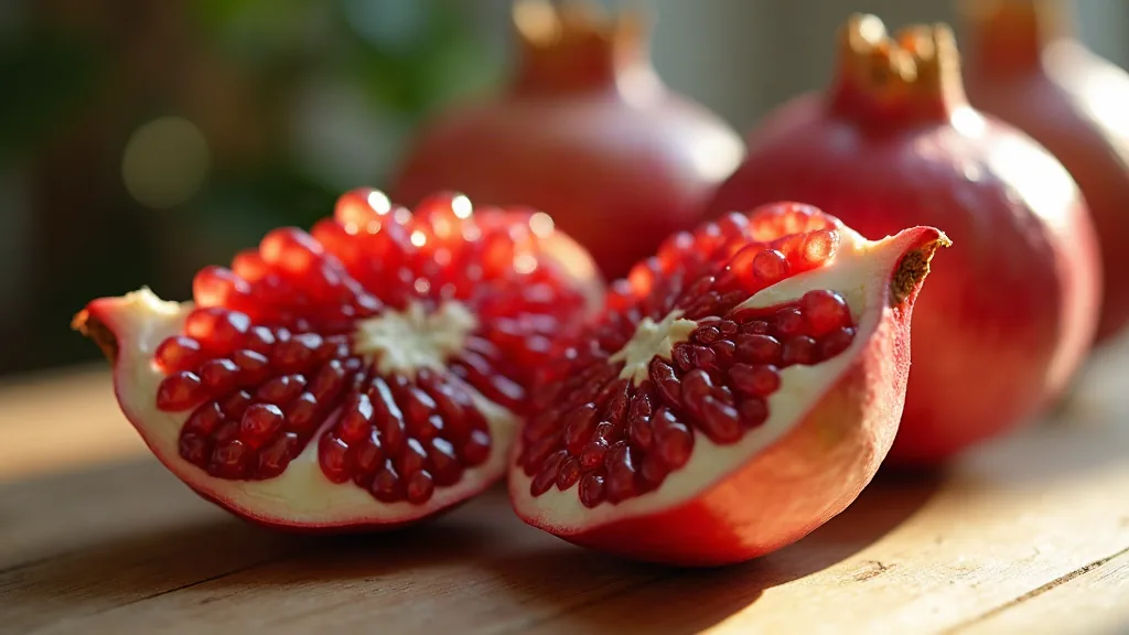 Cut pomegranate half with deep red seeds in natural window light